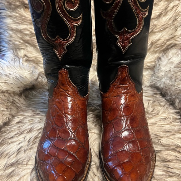 Tony Lama MEN CAIMAN & LEATHER WESTERN BOOTS-cognac-Sz 8 D - Picture 2 of 15